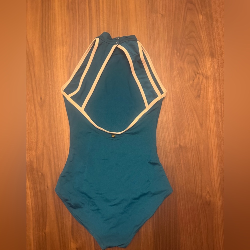 Mariia Women’s Mock Neck Tank Leotard, Back Cutout, Teal, Size Small - Picture 2 of 5